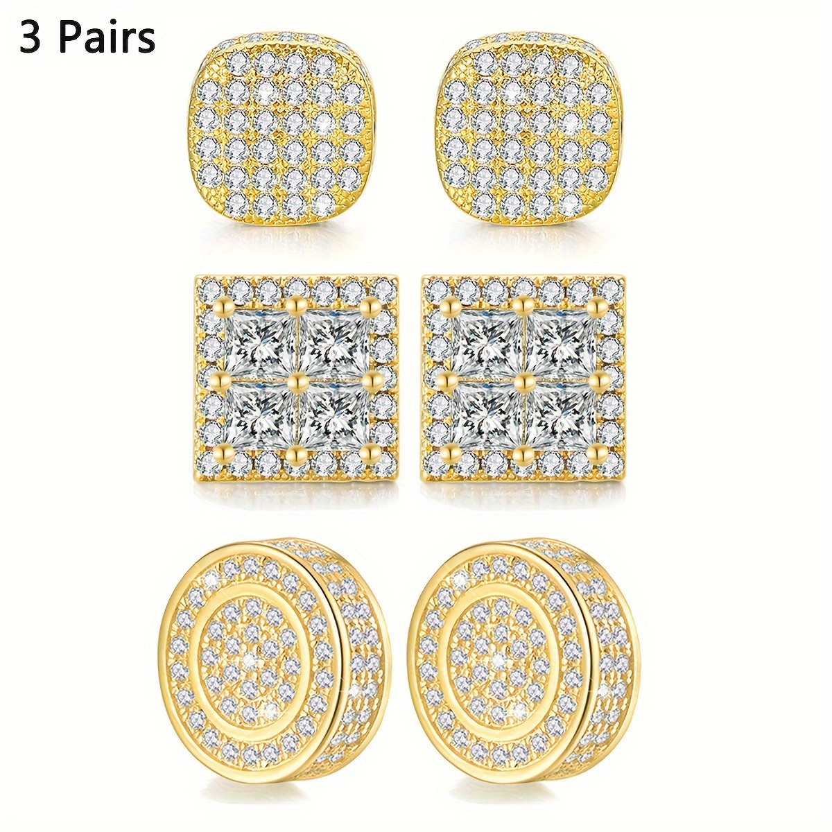 TEMU 3pairs/sets Fashion Men's Hip Hop Synthetic Zircon Decor Stud Earrings