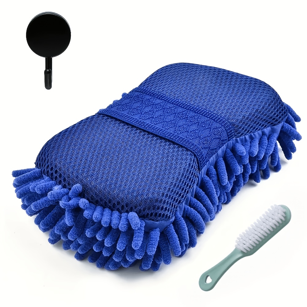 TEMU 3pcs Set: Blue Microfiber Plush Car Wash Sponge + Cleaning Brush + Hook, Brush Pad Cleaning Tool Set, Polyester Fiber, Towel Glove Shaped