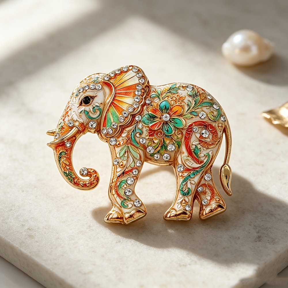 TEMU 1pc Vintage Gradient Floral Rhinestone-encrusted Elephant Enamel Brooch, Gentle Style, Cheongsam And Suit Pin, Daily And Holiday Wear Accessory,