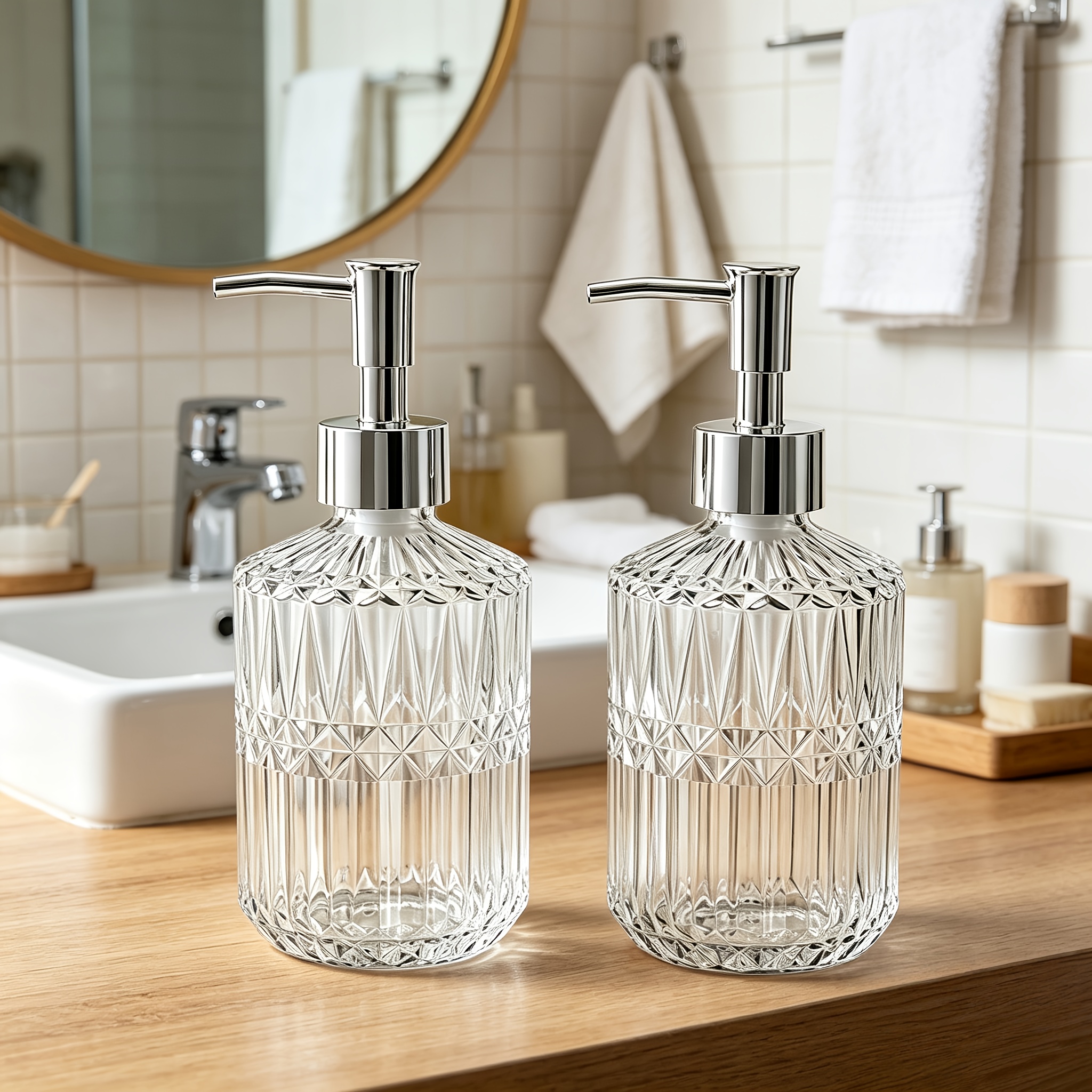 TEMU Clear Refillable Glass Soap Dispenser, 2 Pack Leakproof Thick Transparent Glass Hand Soap Bottle, Wide Mouth Easy To Clean, Reusable Container
