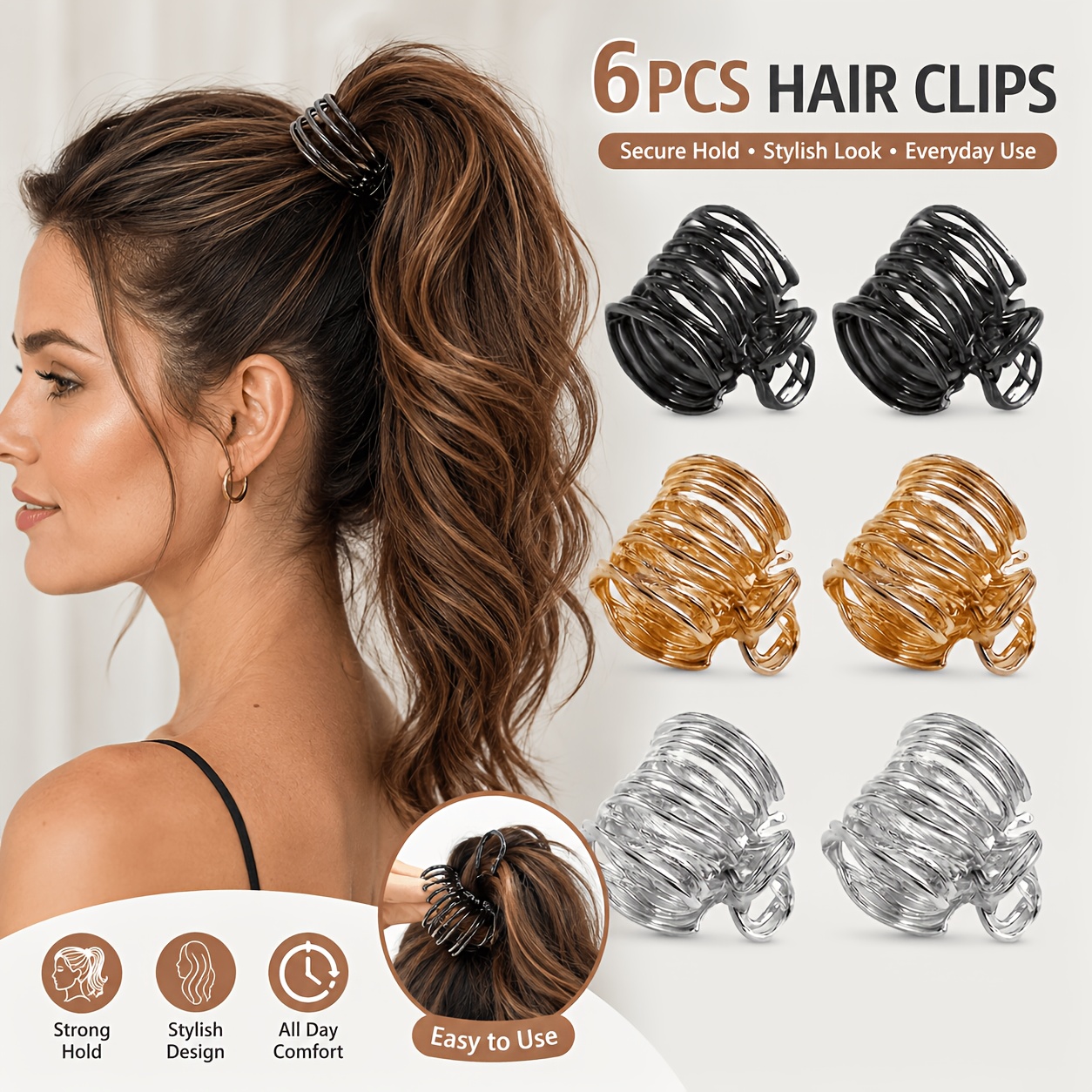 TEMU 6pcs/ Pack Women's Minimalist And Fashionable Metal High Ponytail Fixed Artifact Hair Clip, Punk Style Hollowed Out High-end Hair Accessory Set