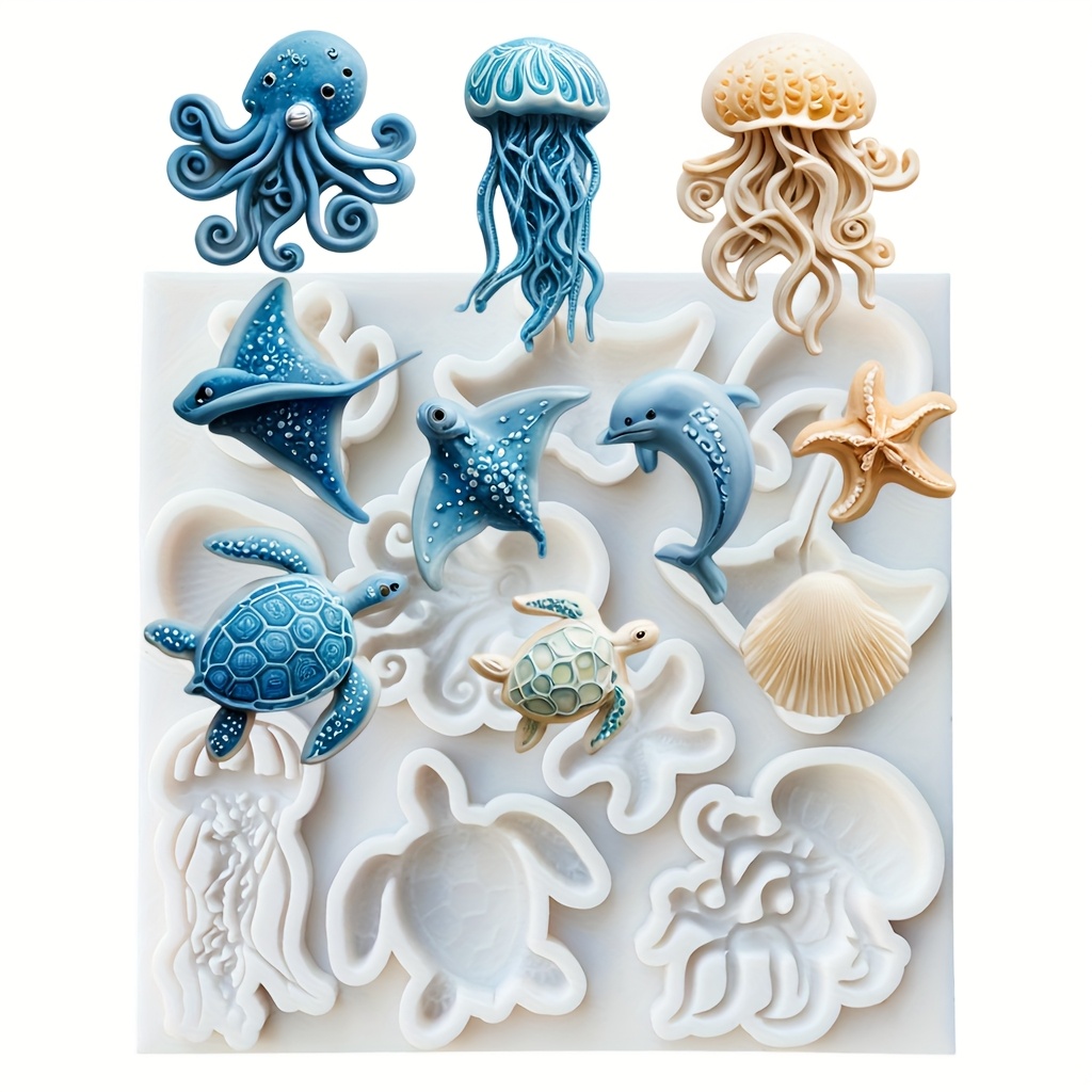 E-shop Silikonharzformen-Set mit Ozean-Thema, mit Designs von Schildkröten, Seesternen, Delfinen, Tintenfischen, Squid und anderen wunderschönen