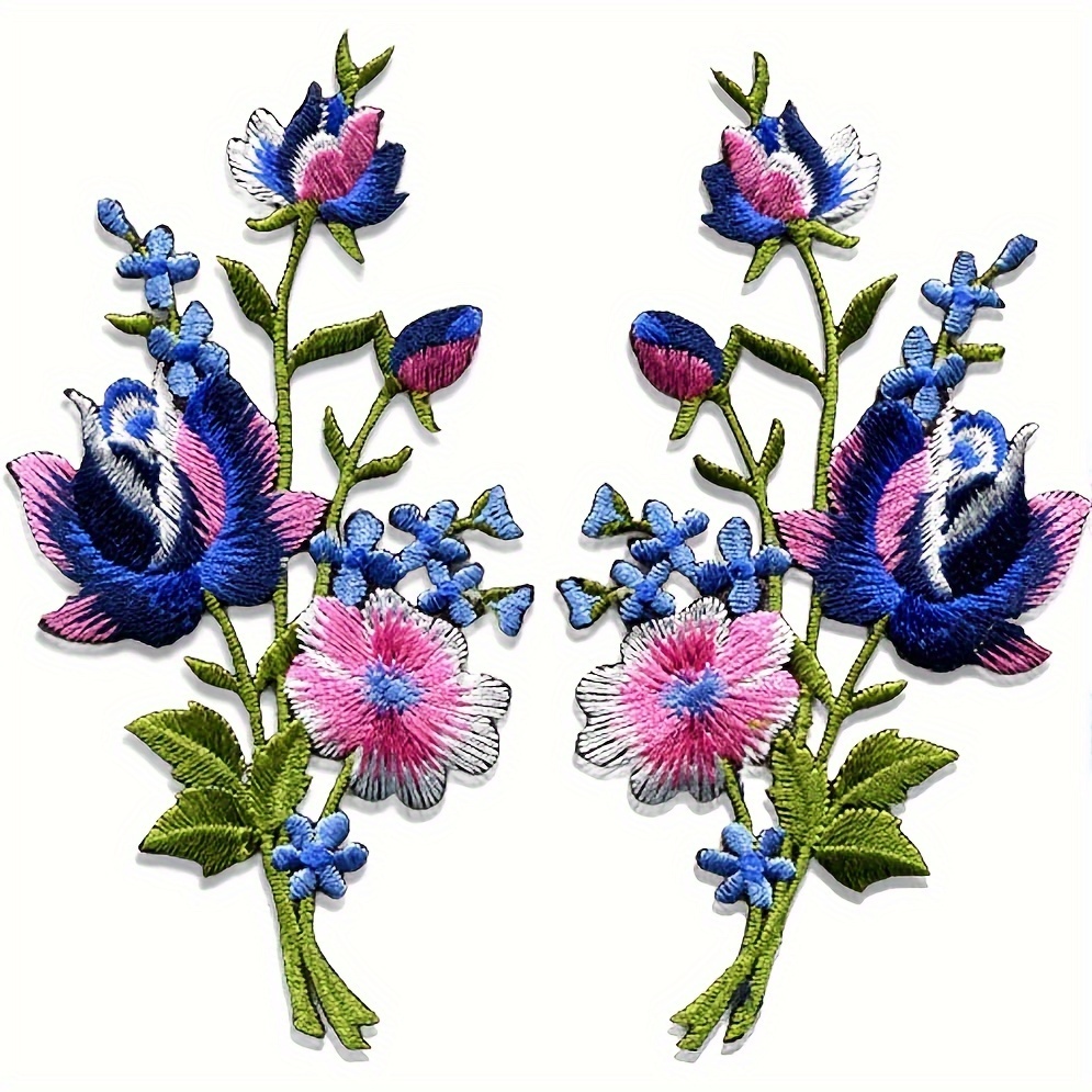 A Pair Of Orange And Blue Flower Embroidered Cloth Stickers Decorative Patch Patches