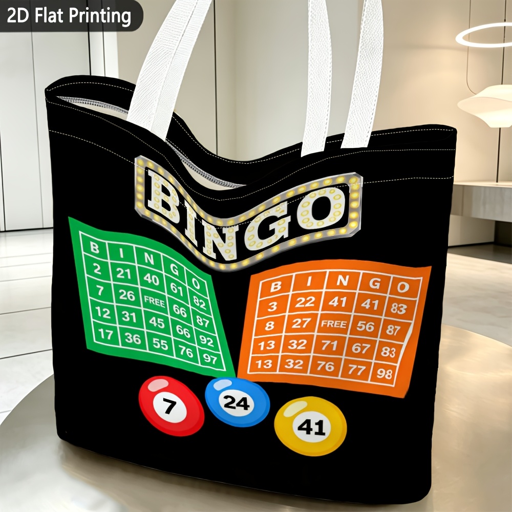 TEMU 1pc Women's Bingo Print Shoulder Bag - Hemp Suitable For Bingo Game Themed Outfits, Reusable Machine Washable Bag With Bingo Card, Birthday Gift