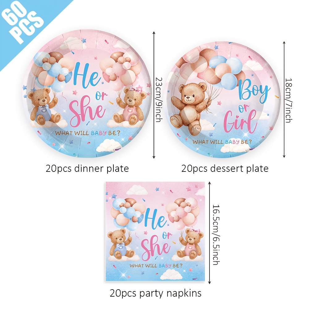 TEMU Ensemble de 60 pièces de vaisselle de fête à thème du en peluche, fournitures de fête jetables roses et bleues, inclut assiettes en papier de 9