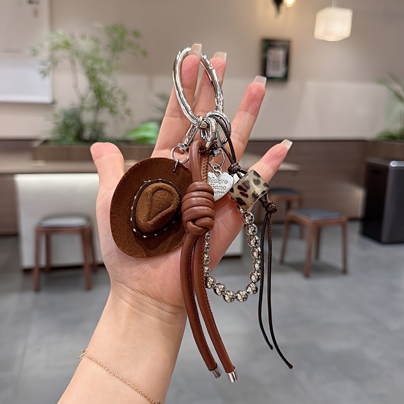 TEMU Porte-clés Chapeau de Cowboy Pendentif Tresse Main Fait Main pour Clés de Voiture à Main