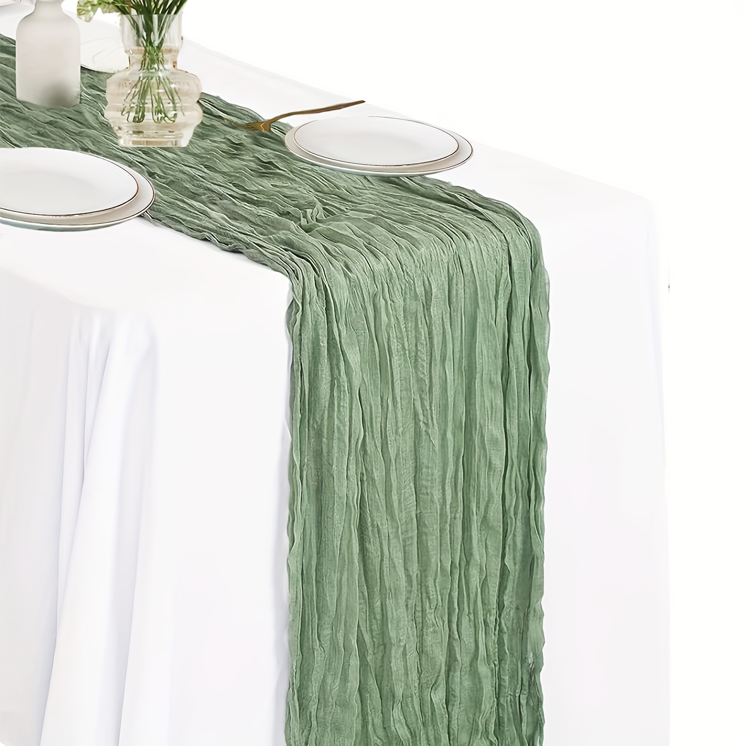 TEMU 1pc Emerald Green Bohemian Sheer Table Runner - 100% Polyester Fabric With Wave Pattern For Weddings, Easter, Spring & Ramadan Decor - Durable