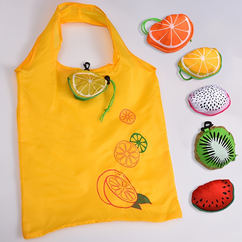 

5pcs Fruit-themed Reusable Shopping Bags - High-quality, Foldable Polyester With Citrus & , Leak-proof, Grocery, Travel & Outdoor Activities