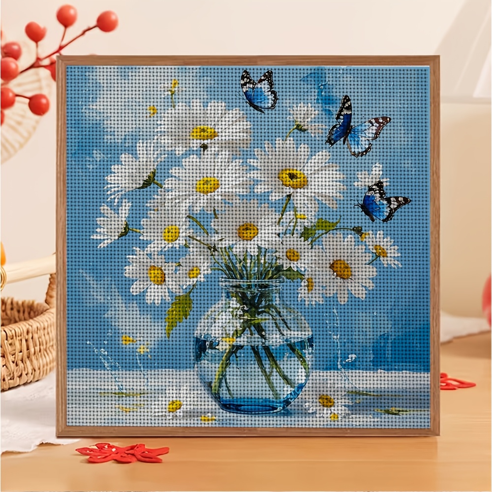 DIY Cross-Stitch Printed Kit of Daisies and Blue Butterflies, Unframed