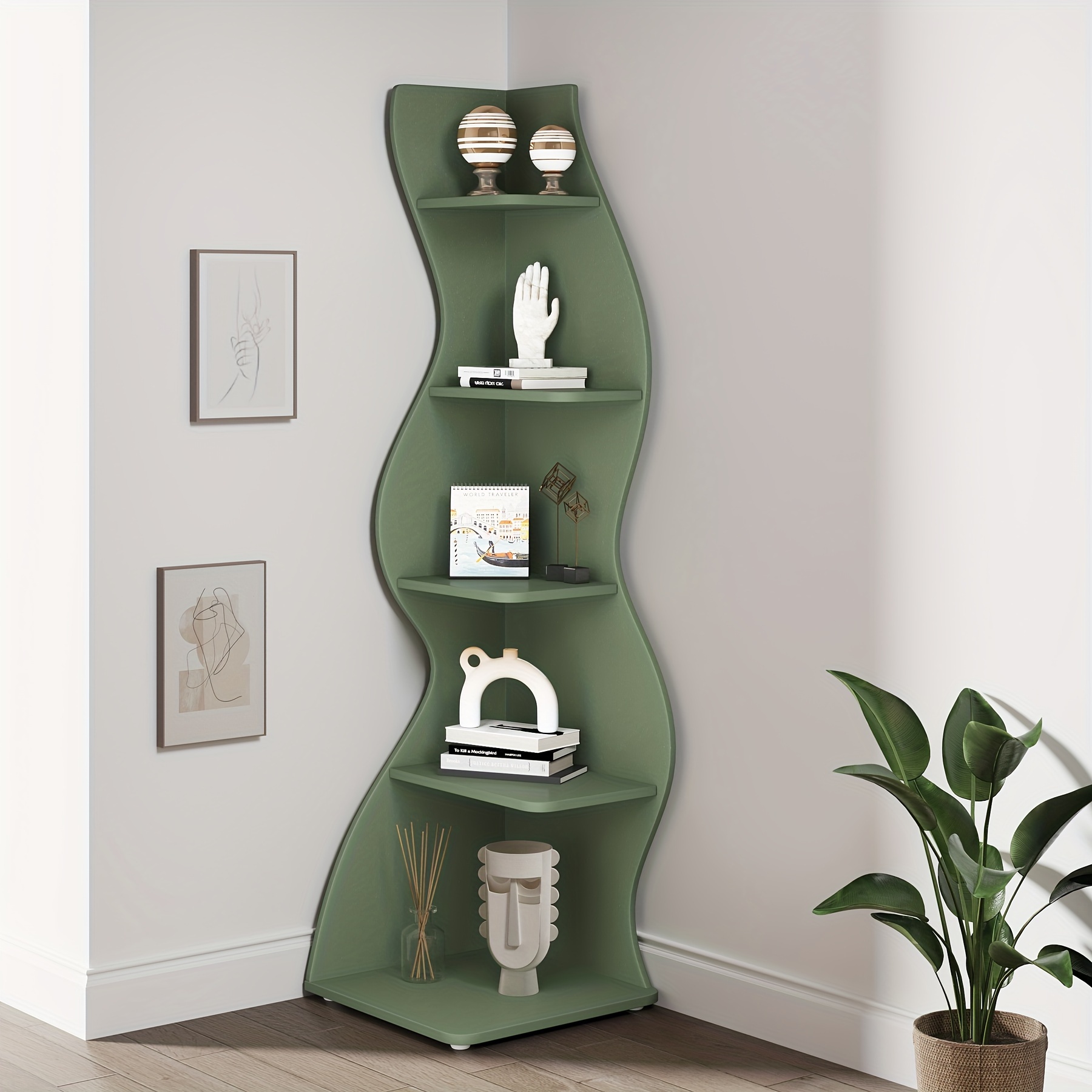 TEMU Étagère d'angle rétro moderne 1 pièce - murale à 5 niveaux et support pour plantes avec espace incurvé encombrant, convient pour salon, bureau à