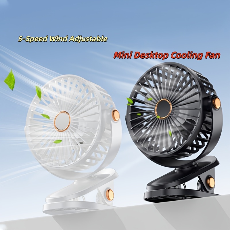 Summer USB Rechargeable Portable Fan, Clip-On Stand and Hangable Design, 5-Speed Adjustable Multi-Angle Cooling Fan