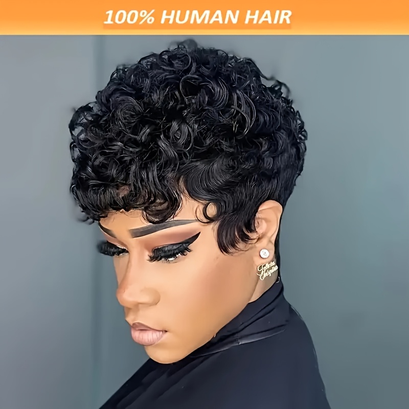 

Chic 4-inch Cut Wig For Women - 180% Density Brazilian Human Hair, Short Curly Style, Glueless & Lace-free, , 1b Color