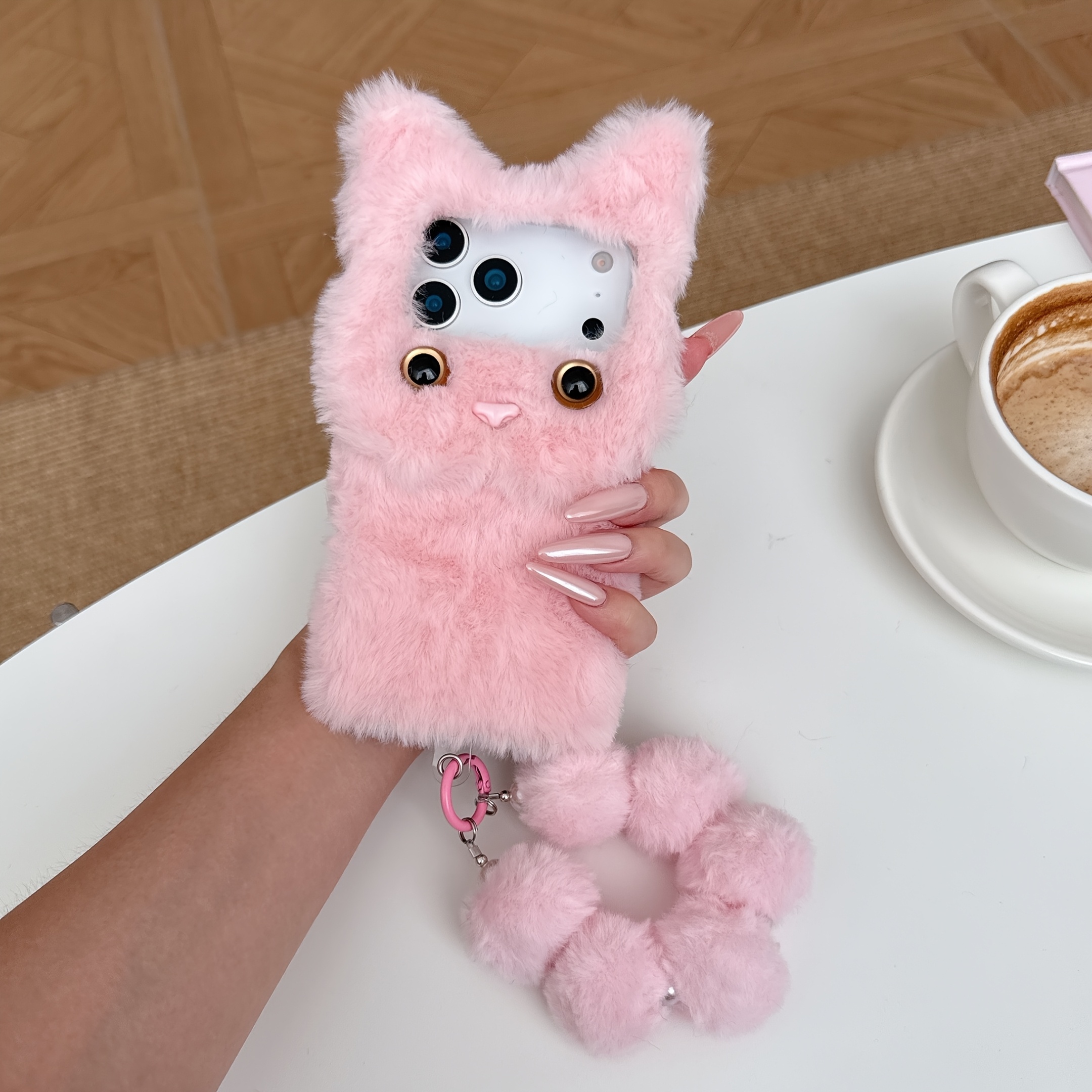 TEMU Phone Case - Cute Cat Cartoon Plush Phone Case With Bracelet For Iphone 11 12 13 17 Pro Max