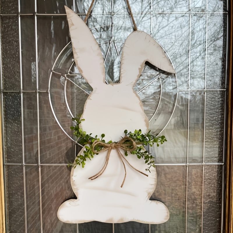 

Vintage Easter Bunny Door Hanger, White Wooden Easter Front Door Decoration With Green Leaves, Hanging Attachment, No Electricity Required