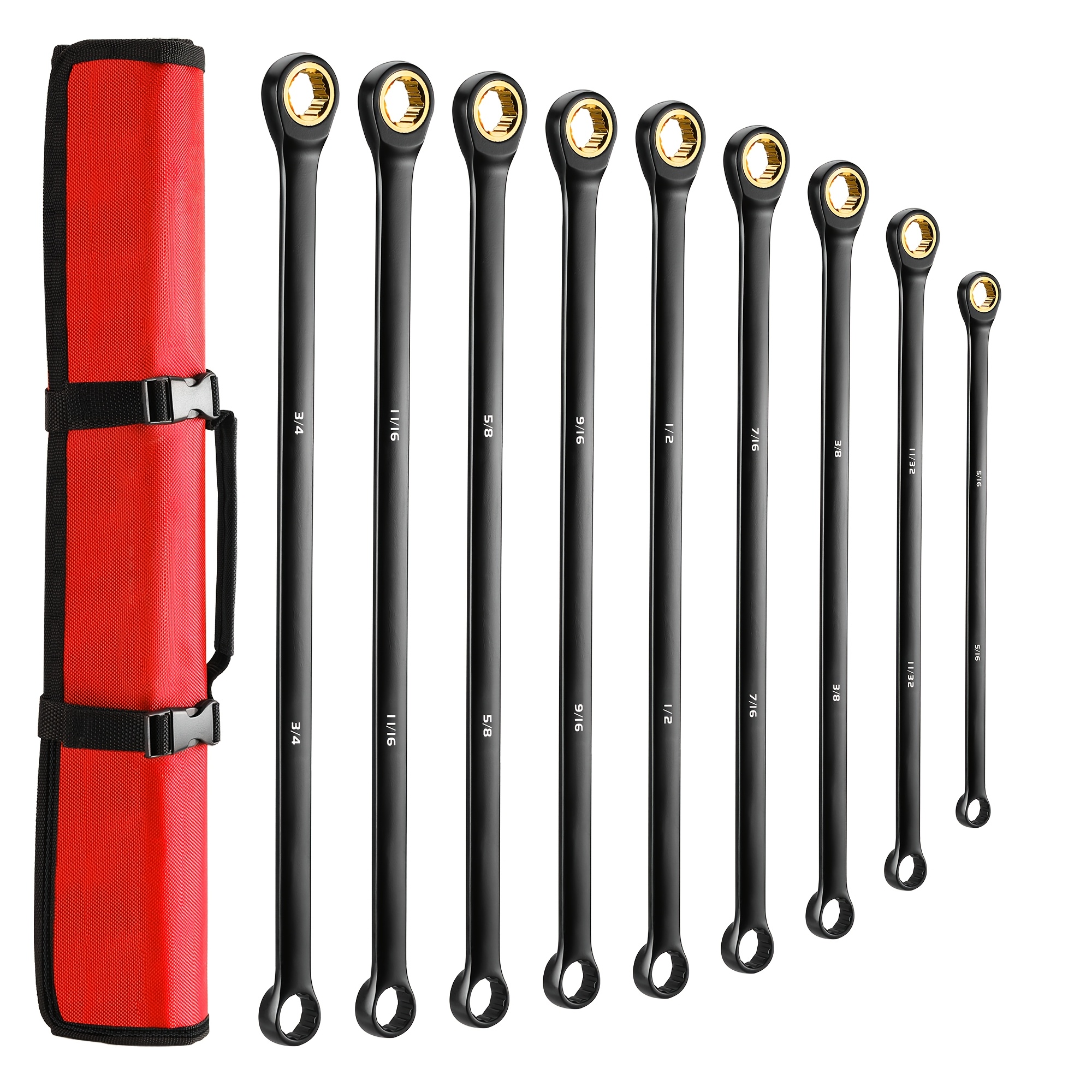 TEMU Extra Long Ratcheting Wrenches Set, 9pcs Anti-slip Wrenches Set, Sae 5/16-3/4in, 72-teeth, Steel And Black Electrophoretic Coating Wrenches With