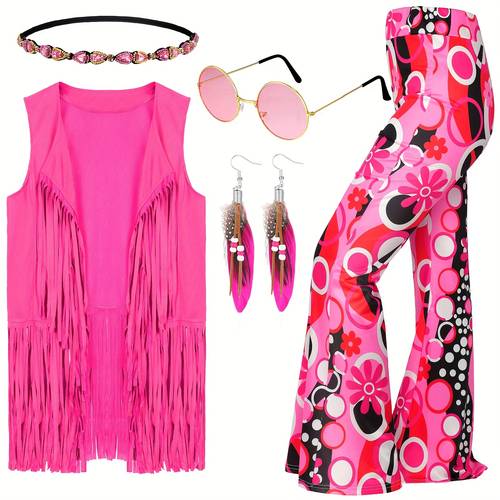 5pcs 60s 70s costume for women disco outfits hippie accessories fringe vest boho flared pants set for carnival party packs