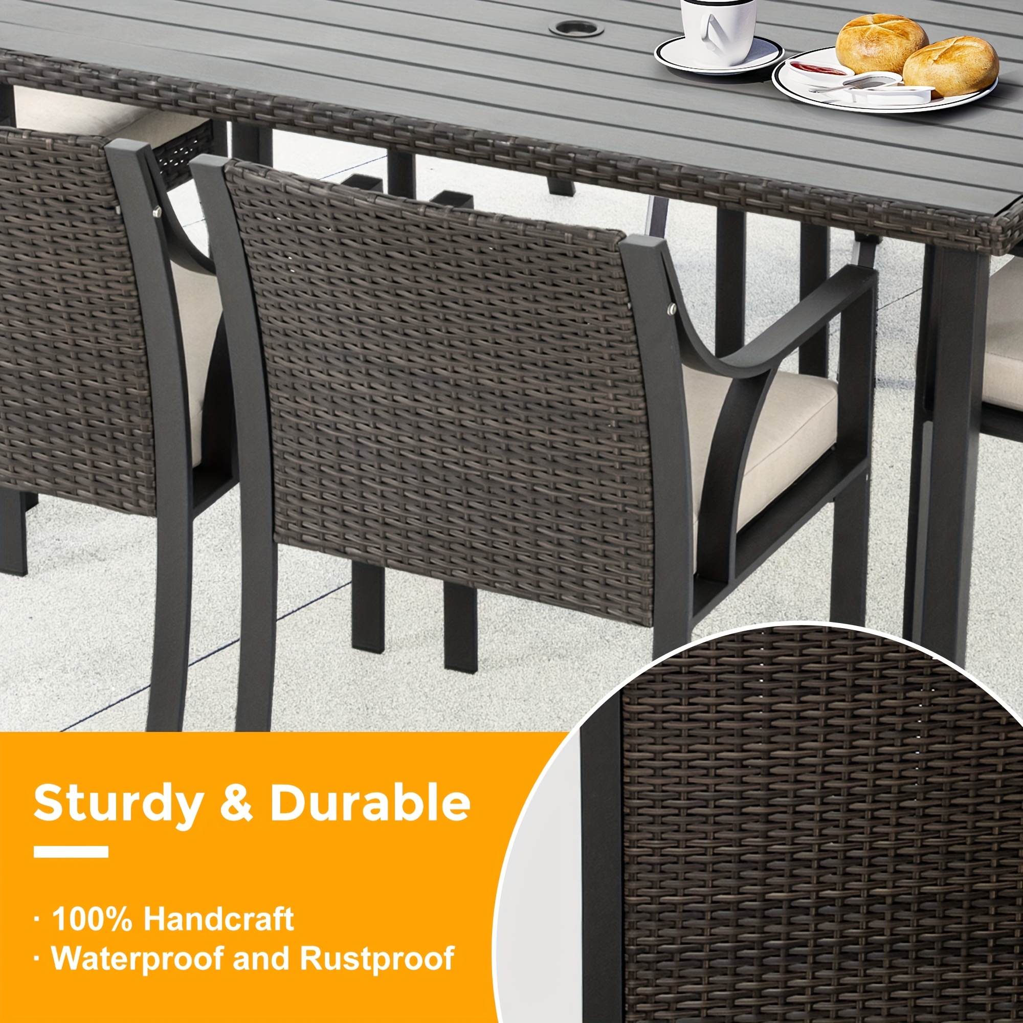 Patio 7pcs Patio Dining Set, All Weather PE Rattan Dining Table Set, Outdoor Dining Sets for 6, Metal Dining Table with Umbrella Hole & 6 Cushioned Chairs for Patio, Yard, Porch