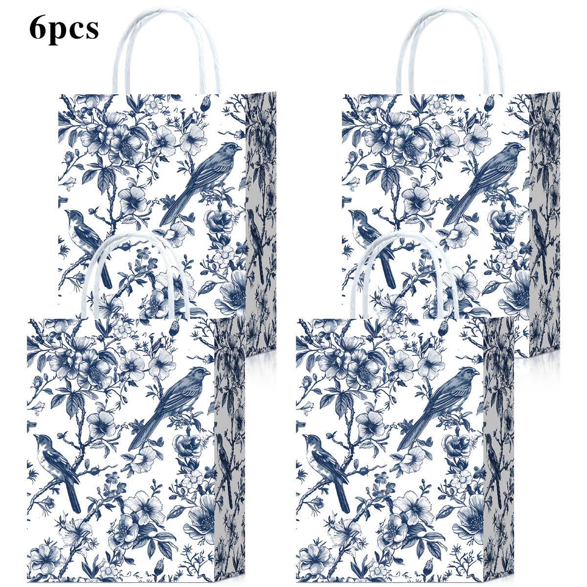 TEMU 6/10/18/20/30pcs Blue And White Porcelain Pattern Gift Bags With Handles, Blue And White Floral Branch With Small Bird Pattern Paper Bags, Paper