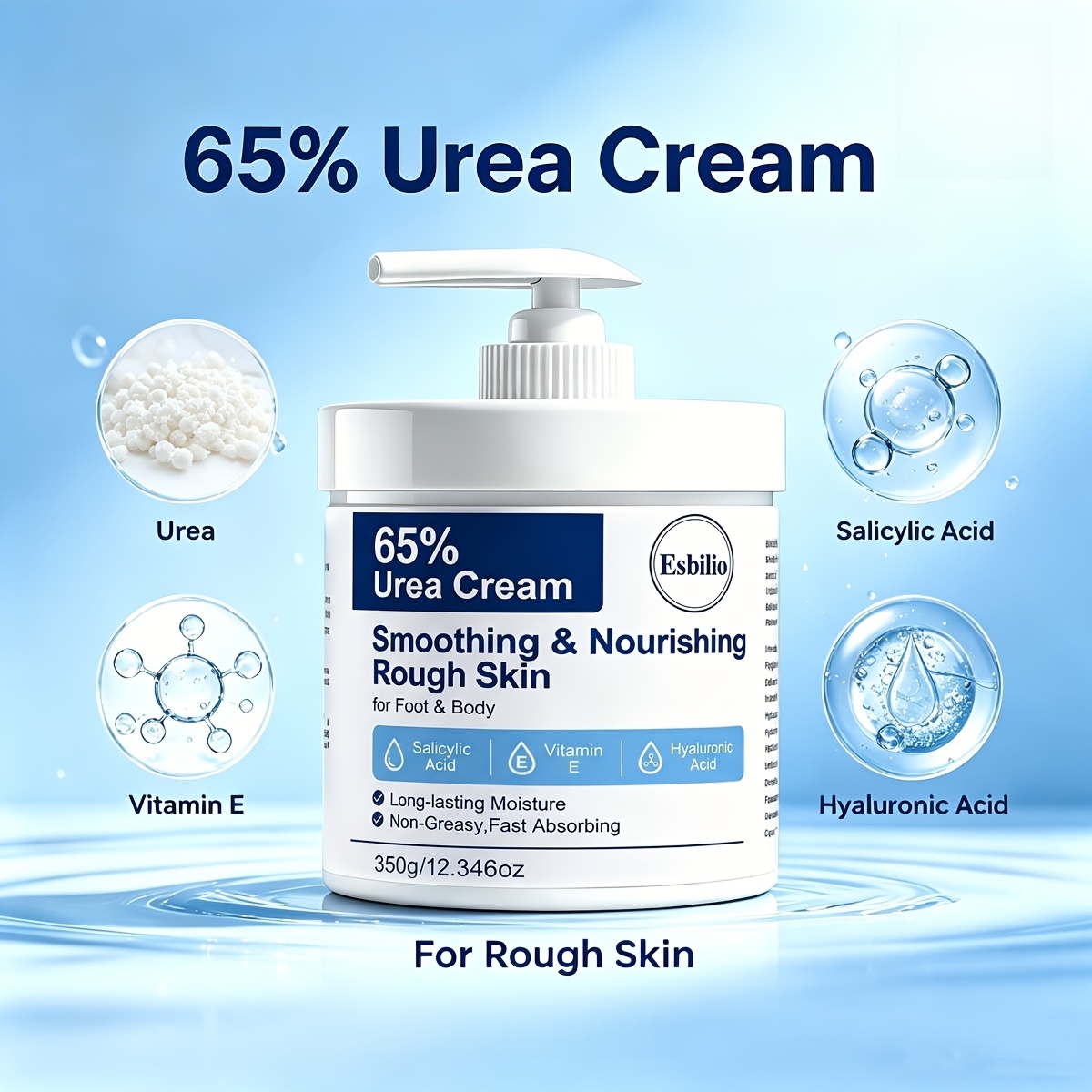 ESBILIO 350g 65% Urea Cream Suitable for Rough Dry Cracked Skin on Heels, Knees, Elbows & Hands - Fast-Absorbing Non-Greasy Formula with Salicylic Acid, Vitamin E & Hyaluronic Acid for, Hydration & Smoothing