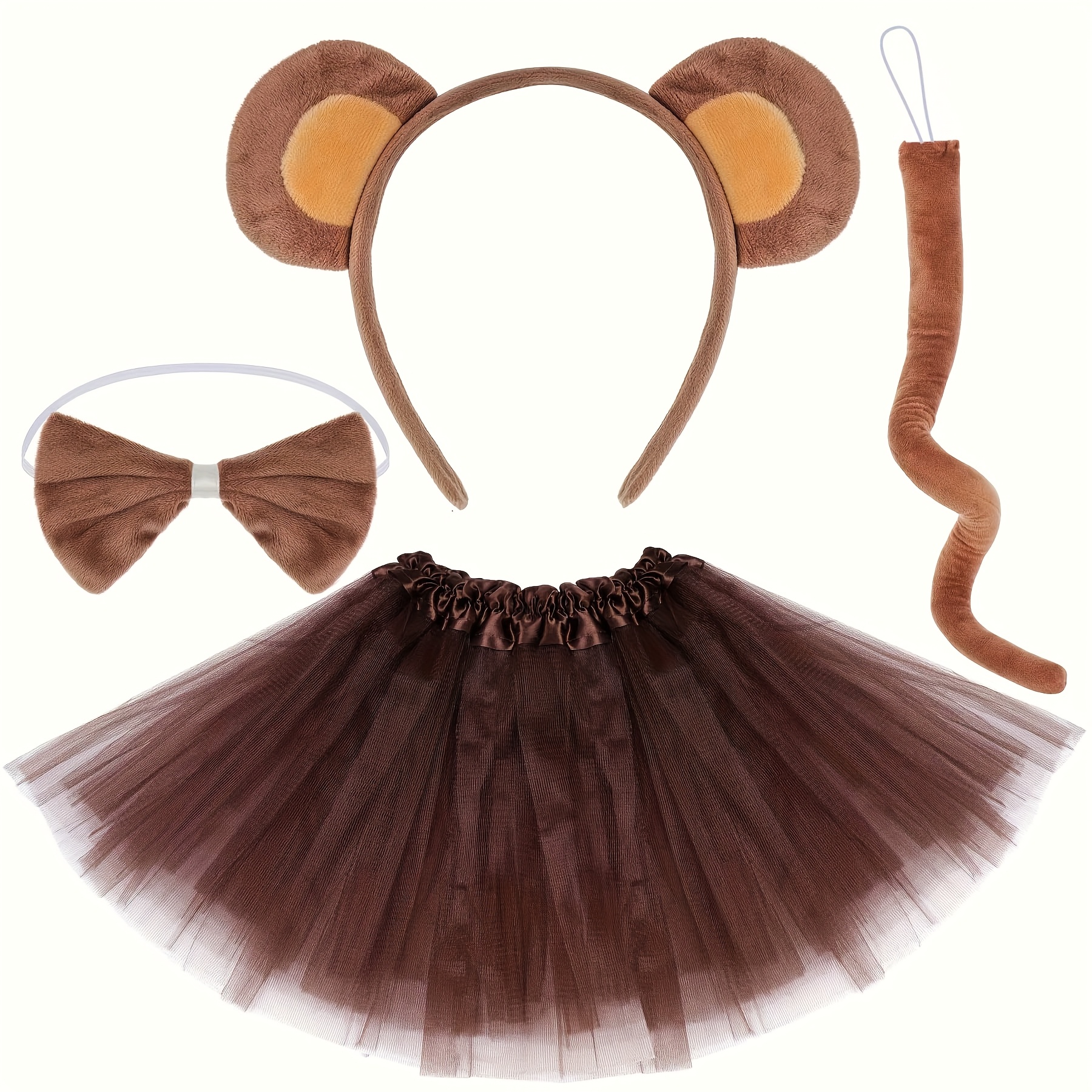 Image of 2/3/4pcs Monkey Costume Set With , Headband, Tail, Bow Tie And Ballet Skirt - Suitable For Birthdays, Role-playing Accessories, Halloween And Christmas Holiday Costume Props