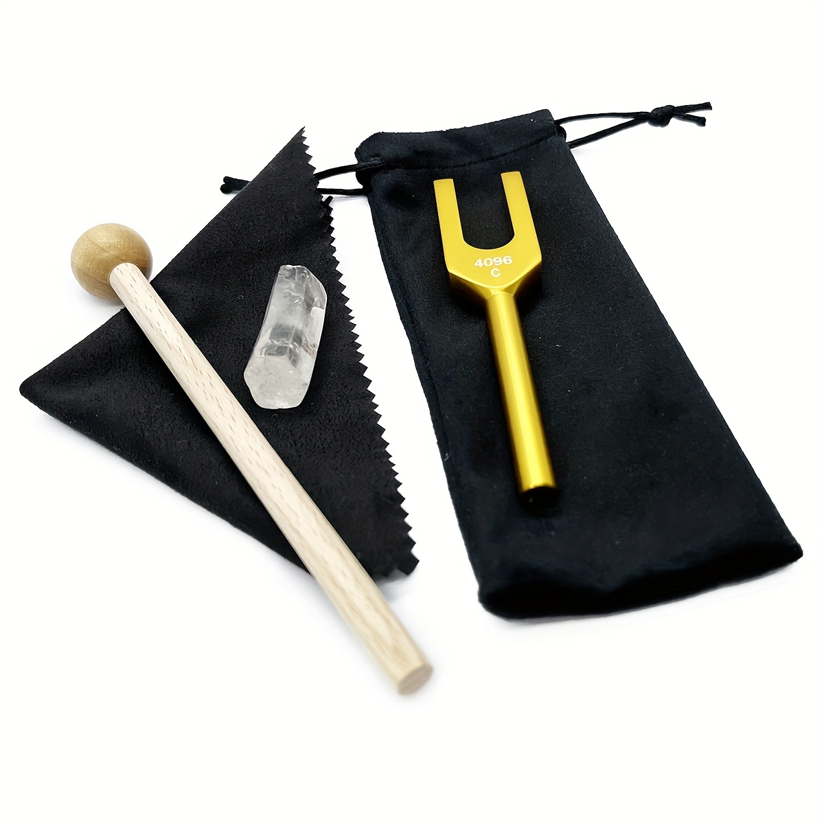 Image of 1 Set Golden Color 4096c Hz Vox Angeli Tuning Fork With Crystal For, With Wood Hammer And Soft Storage Bag Bell To Relaxation Clear High-frequency Vibration- Unique Gift