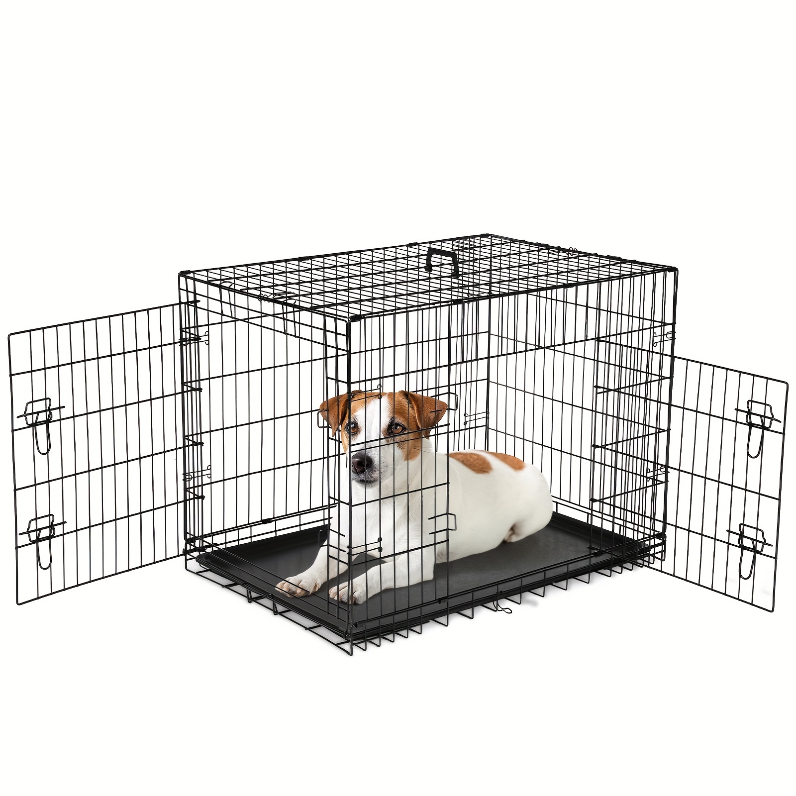 

36 Inch Dog Cage Reversible Double Sided Door, Sturdy Latch With Divider Panel And Plastic Leak-proof Pan Tray, Foldable Easy To Carry, Portable Rounded Corners For Safety