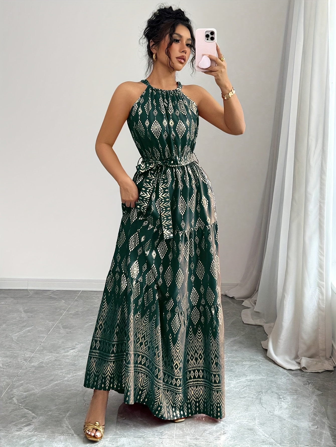 elegant geometric print halter neck maxi dress belt - Temu United Arab  Emirates