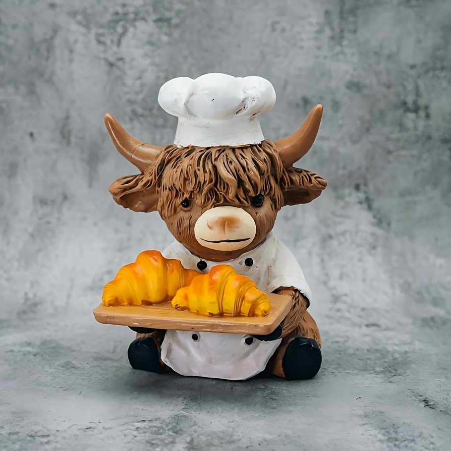 TEMU Highland Cow Chef Resin Ornament Cute Bull Horn Baker Shaped Desktop Decor Baking Theme Sculpture Ornament