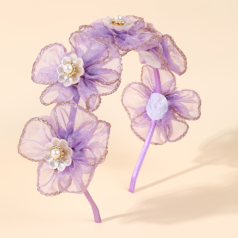 TEMU Serre-tête 1 pièce vintage à fleurs en organza violet, à cheveux floral avec accents de strass, accessoire pour cheveux léger et confortable