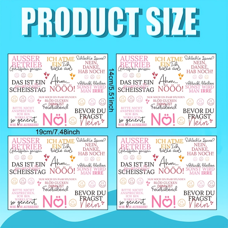 TEMU 4pcs Set Of Funny German Mood Quote Transfer Papers, Featuring Cute Faces And Heart Elements With Humorous Complain Texts. Suitable For Smooth