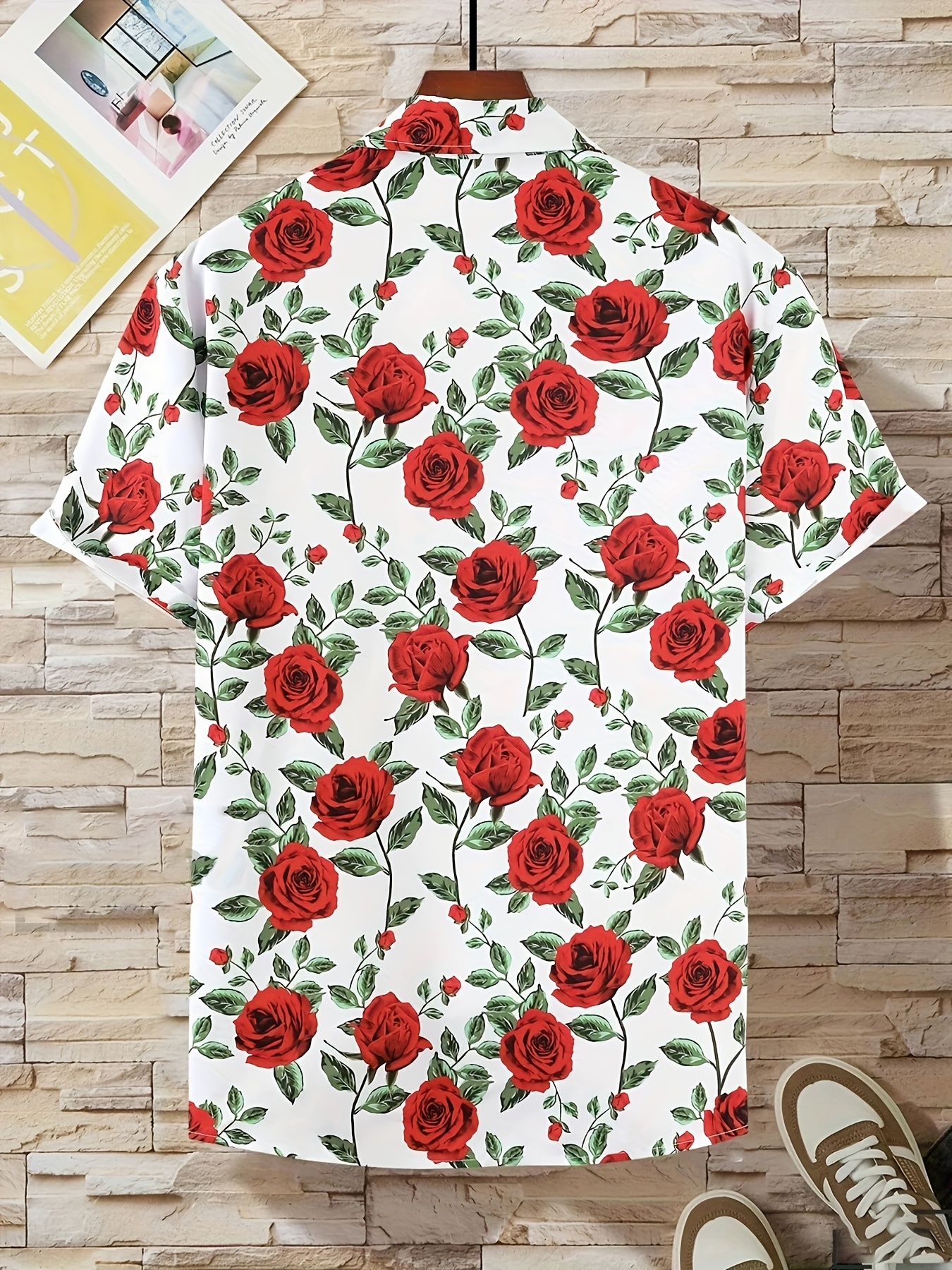 mens stylish rose botanical shirt short sleeve - Temu