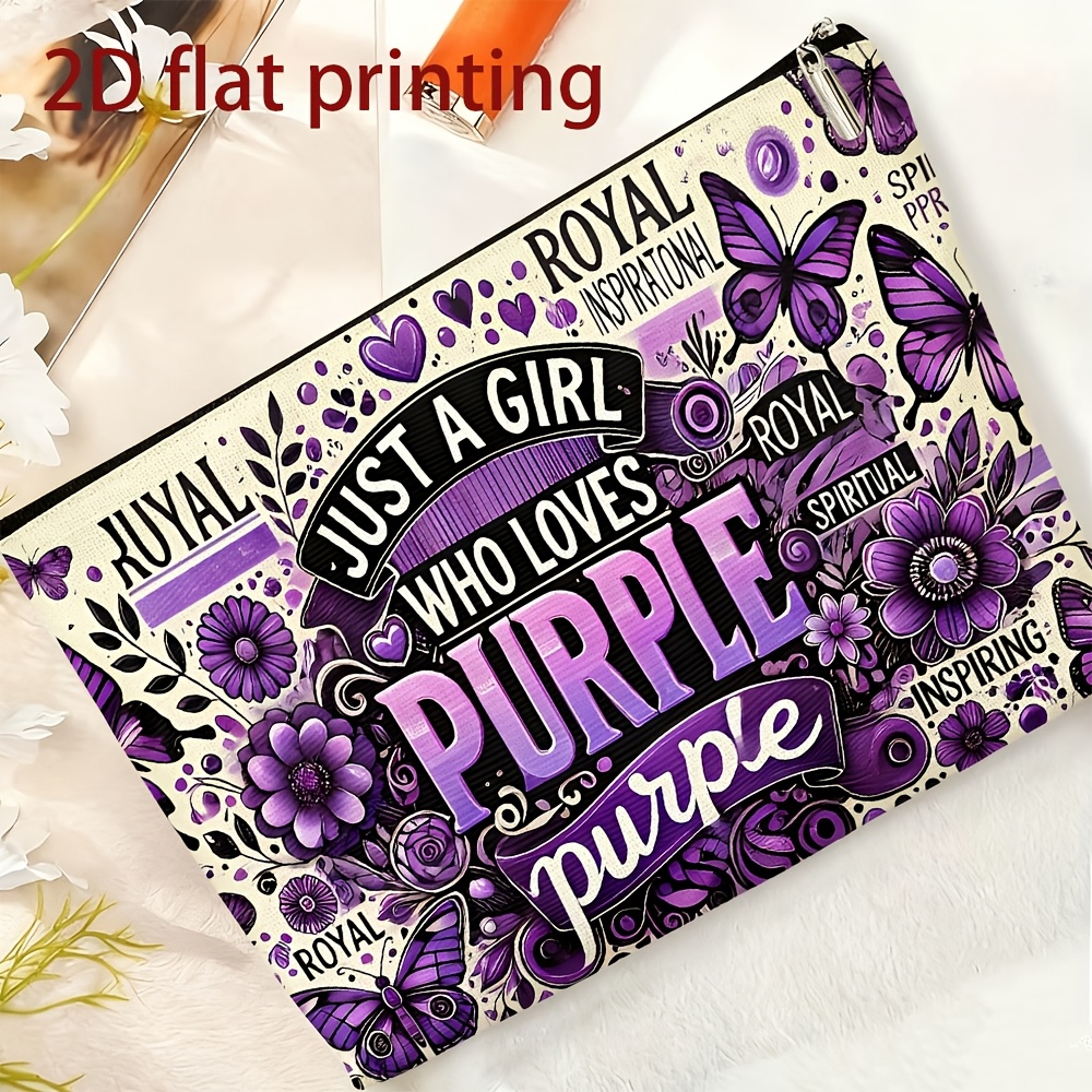 TEMU 1pc 2d Flat Makeup Bag With Zipper - Vintage Floral Pattern Storage Pouch For Purple-loving Girls, Fun Zippered Organizer, Foldable Coin Purse,