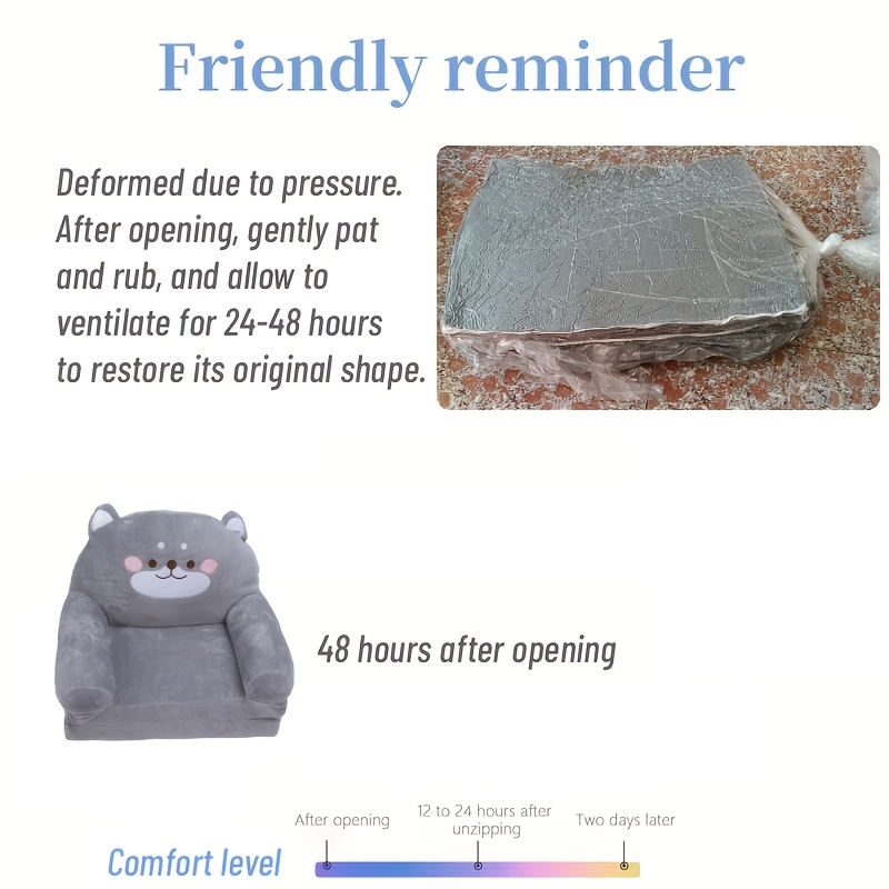 Cozy Kid Folding Sofa, Plush, Washable Lounge Chair for Playroom & Nursery, Gray Dog Style Foldable Wide Handle Soft Breathable Toddler Chair for Reading Relaxing Sleeping(2 Layers)