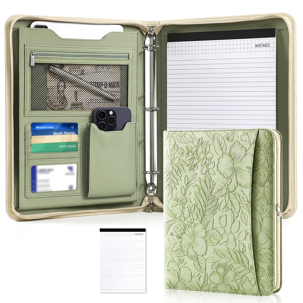 TEMU Embossed Faux Leather Zippered Padfolio, 3-ring Folder Organizer, Executive A4 Portfolio Organizer Folder For Documents, Multiple Compartments