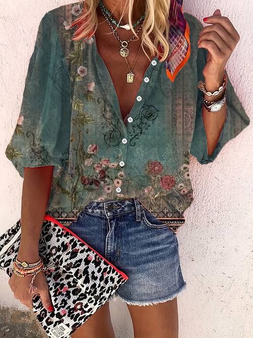 womens vintage ethnic style floral print 3 4 sleeve blouse casual round neck womens top