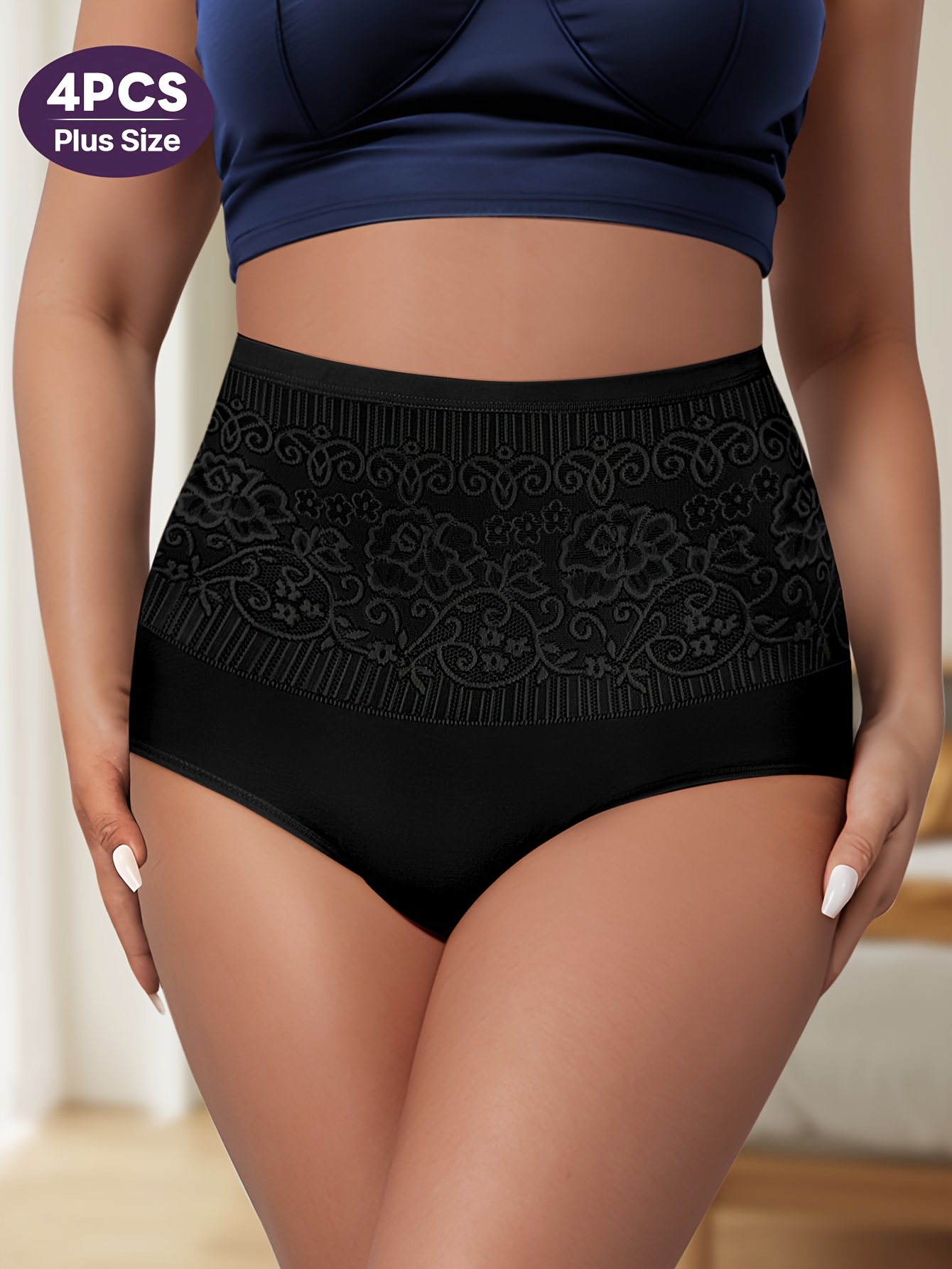4pcs Plus Size Women'S High-Waisted Briefs - Soft & Breathable Viscose Fabric, Elegant Floral Print, Medium Stretch, Seamless & Light Abdominal Support, 0XL-6XL, Comfortable Underwear | Elegant Undergarment | Stretchable Fabric