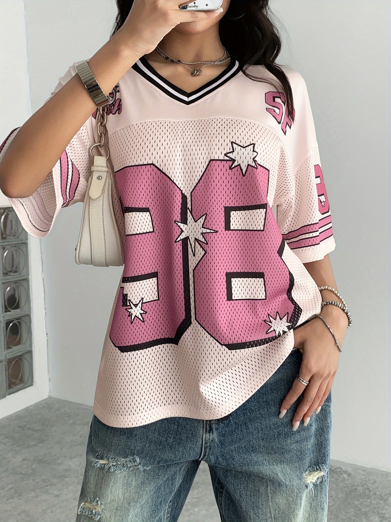womens y2  v neck sports jersey t shirt casual short sleeve with savage 218 44cm letter print pink white mesh   machine washable   wear sporty apparel vintage athletic style breathable fabric   0
