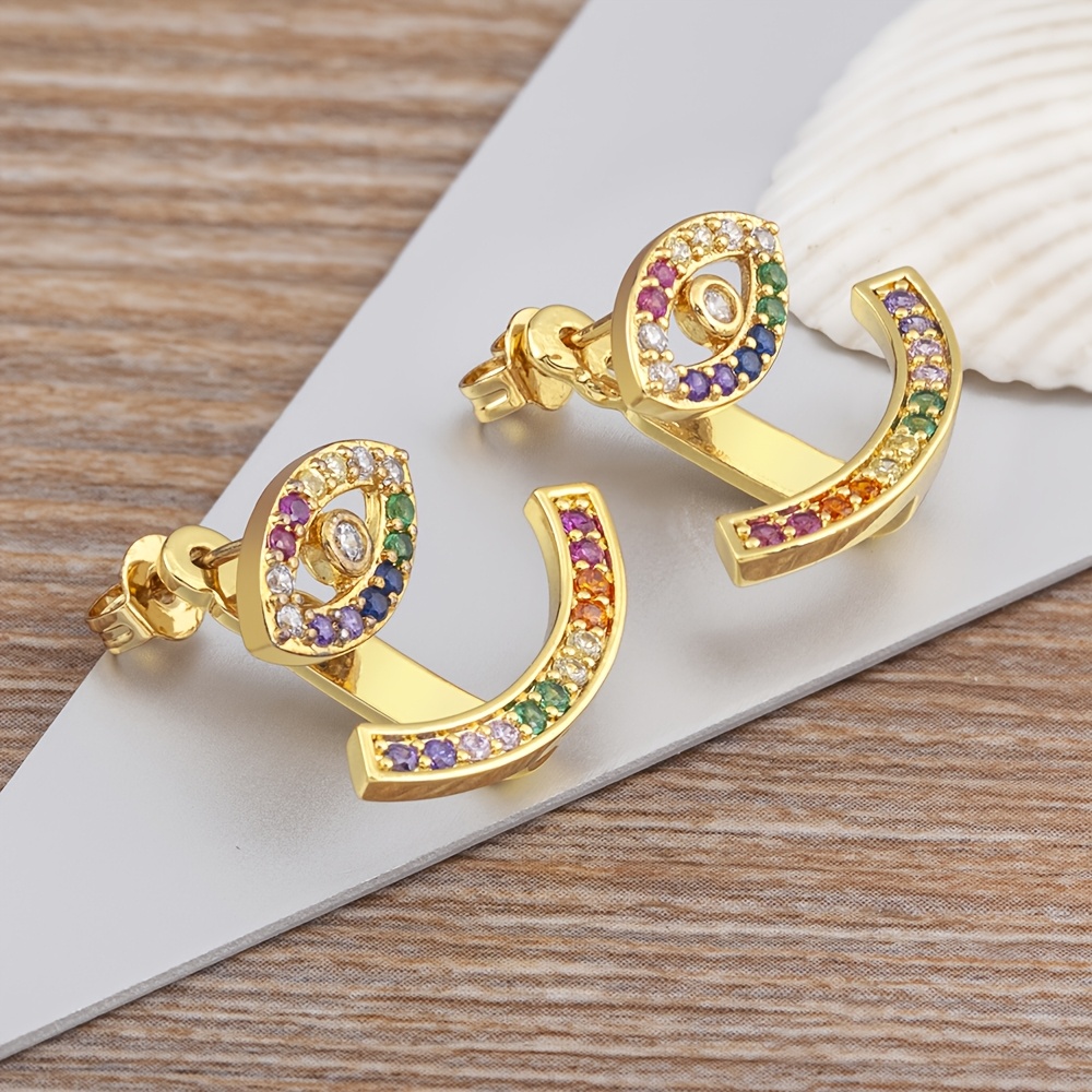 Women's 18K Gold Plated Rainbow Cubic Zirconia Evil Eye Triangle Hoop Earrings