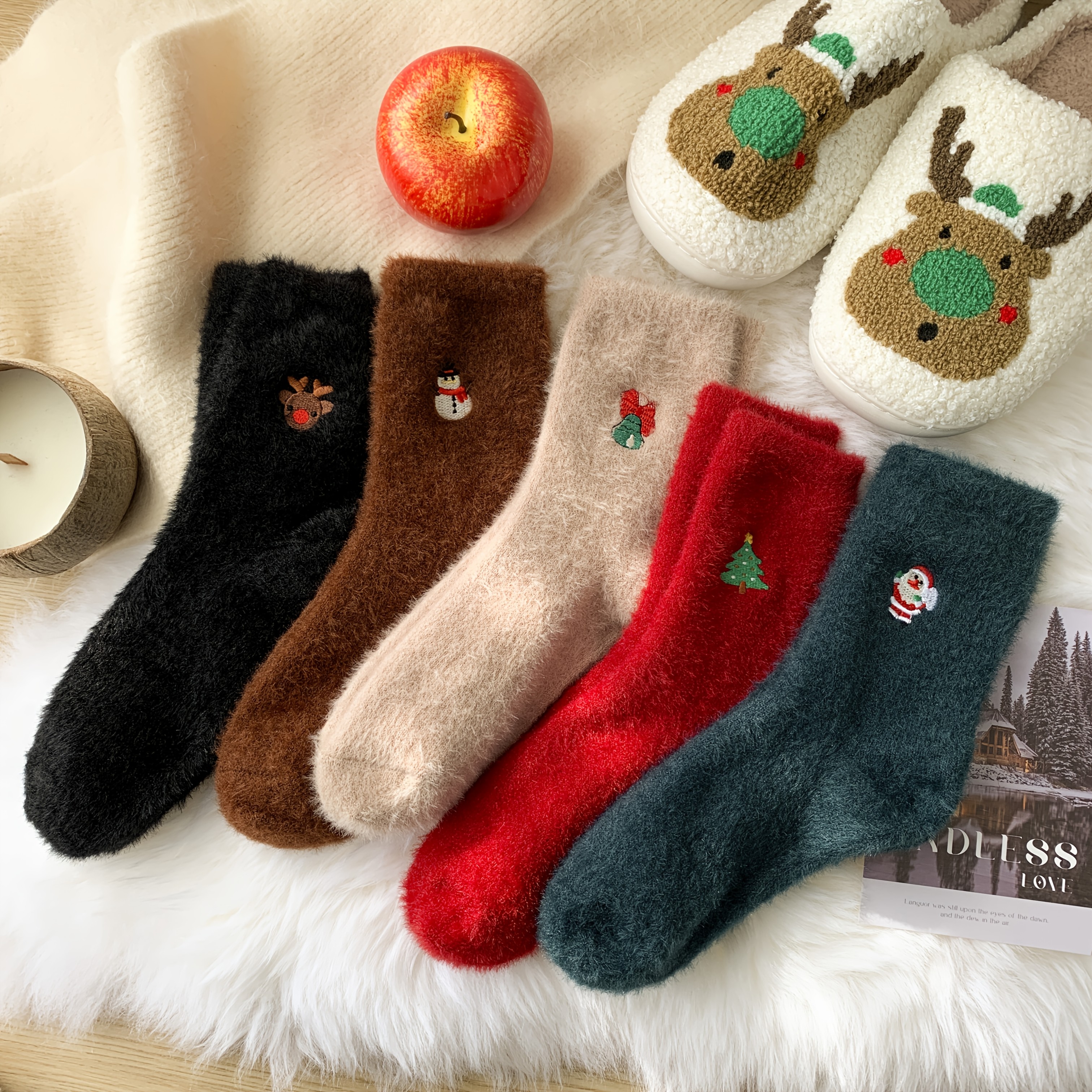 

5 Pairs Christmas Couple Socks - Polyester Fuzzy Mid-calf Plush Sleep Socks With Snowman & Reindeer Embroidery, Warm Holiday Themed Socks For Women