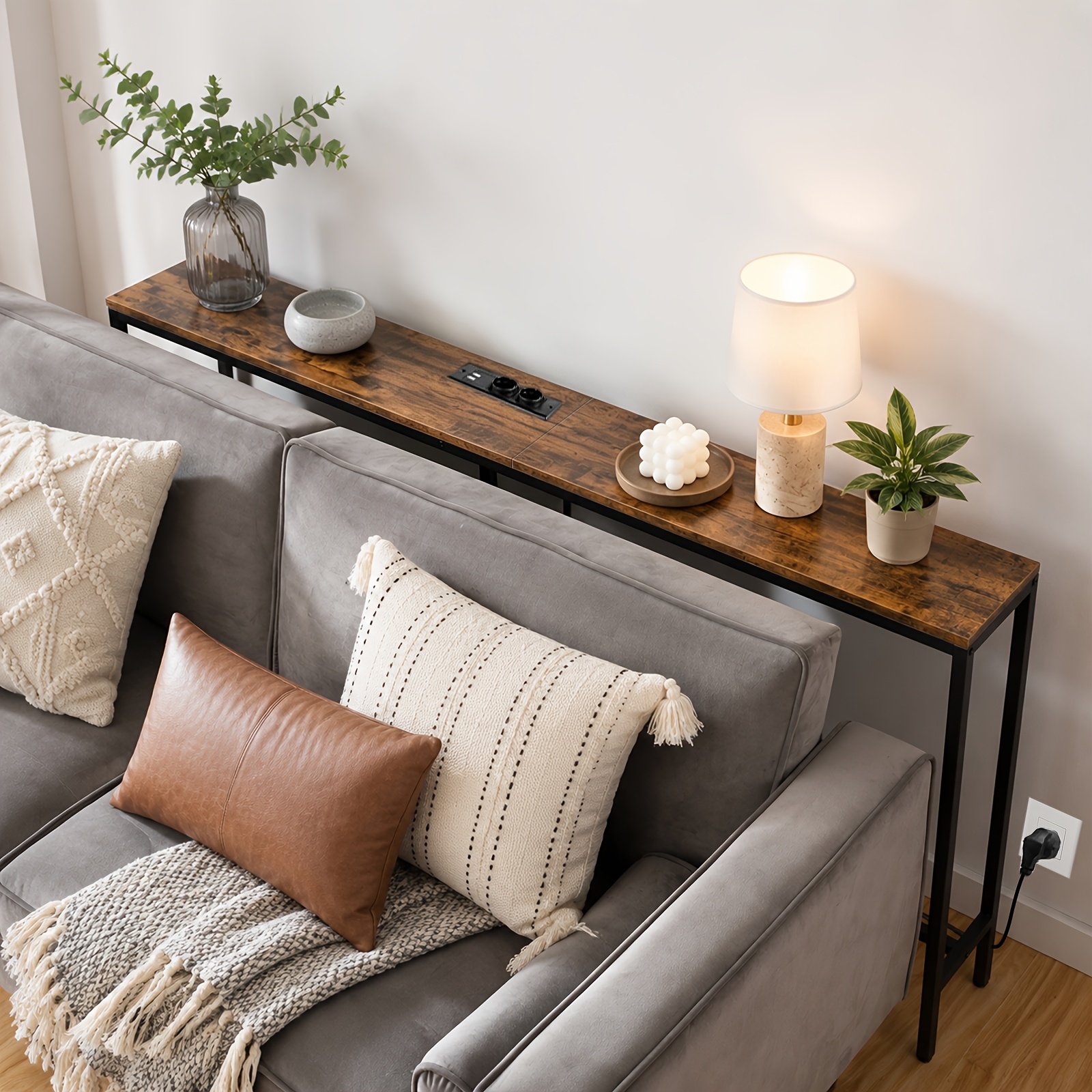 Image of Console Table, Console Table With Charging Station, 180cm Narrow Sofa Table, Industrial Entryway Table With Usb Port, Sofa Side Table For Entryway, Hallway, Foyer, Living Room, Black, Gray
