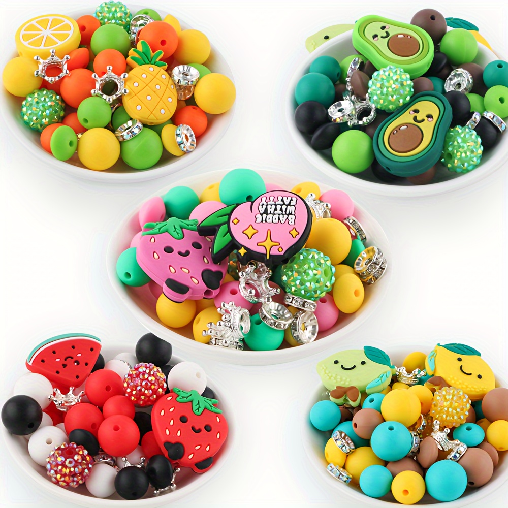 

55 Pcs Fruit Silicone Focus Beads & 15/12mm Round Beads - Perfect For Diy Crafts & Bead Pens - Silicone Material