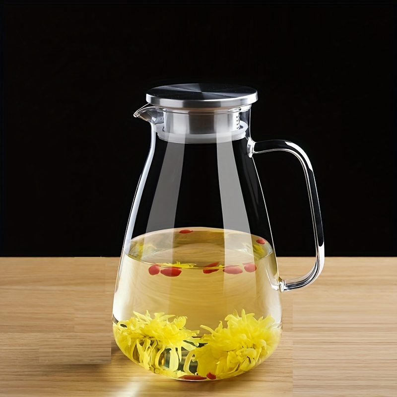 

Glass Water Pitcher With Stainless Steel Filter Lid, 2200ml Heat Resistant Glass Tea Jug For Loose Tea, Transparent Beverage Carafe With Handle
