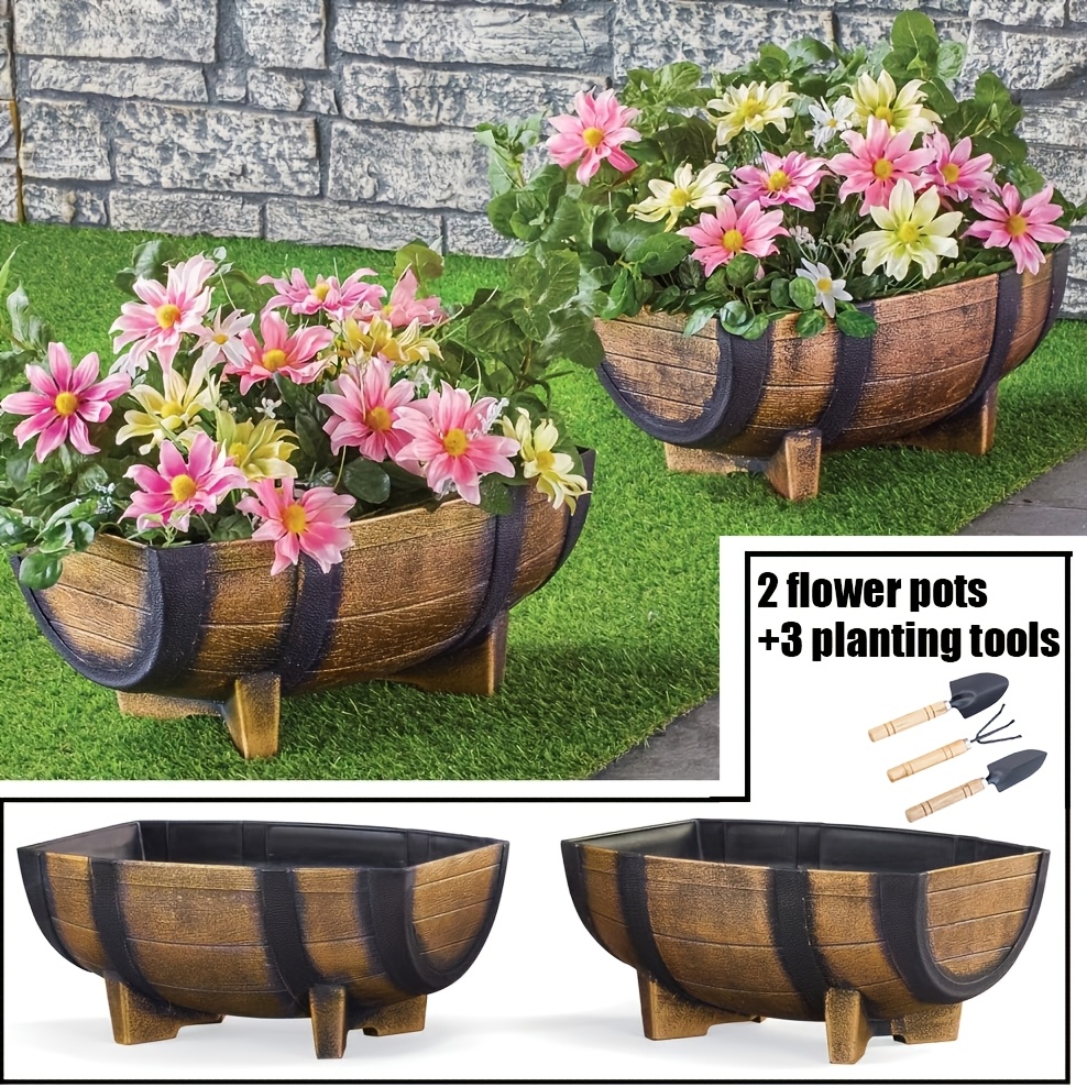 TEMU 2 piezas de retro tipo media barril + 3 herramientas de plantación, de plástico resistente a de 16.34X11.81X7.28 pulgadas, de jardín para