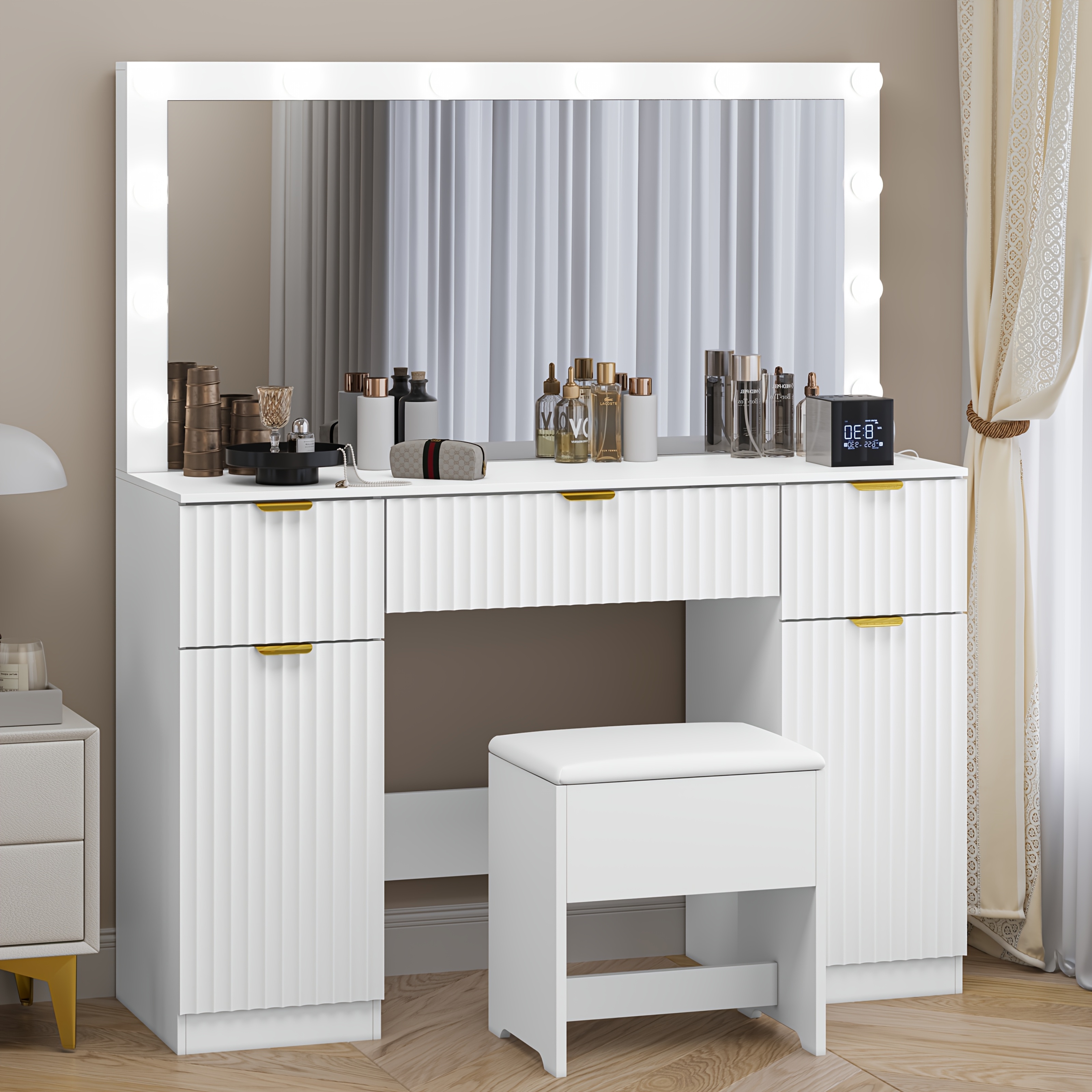 new vanity set with illuminated stool white vanity with