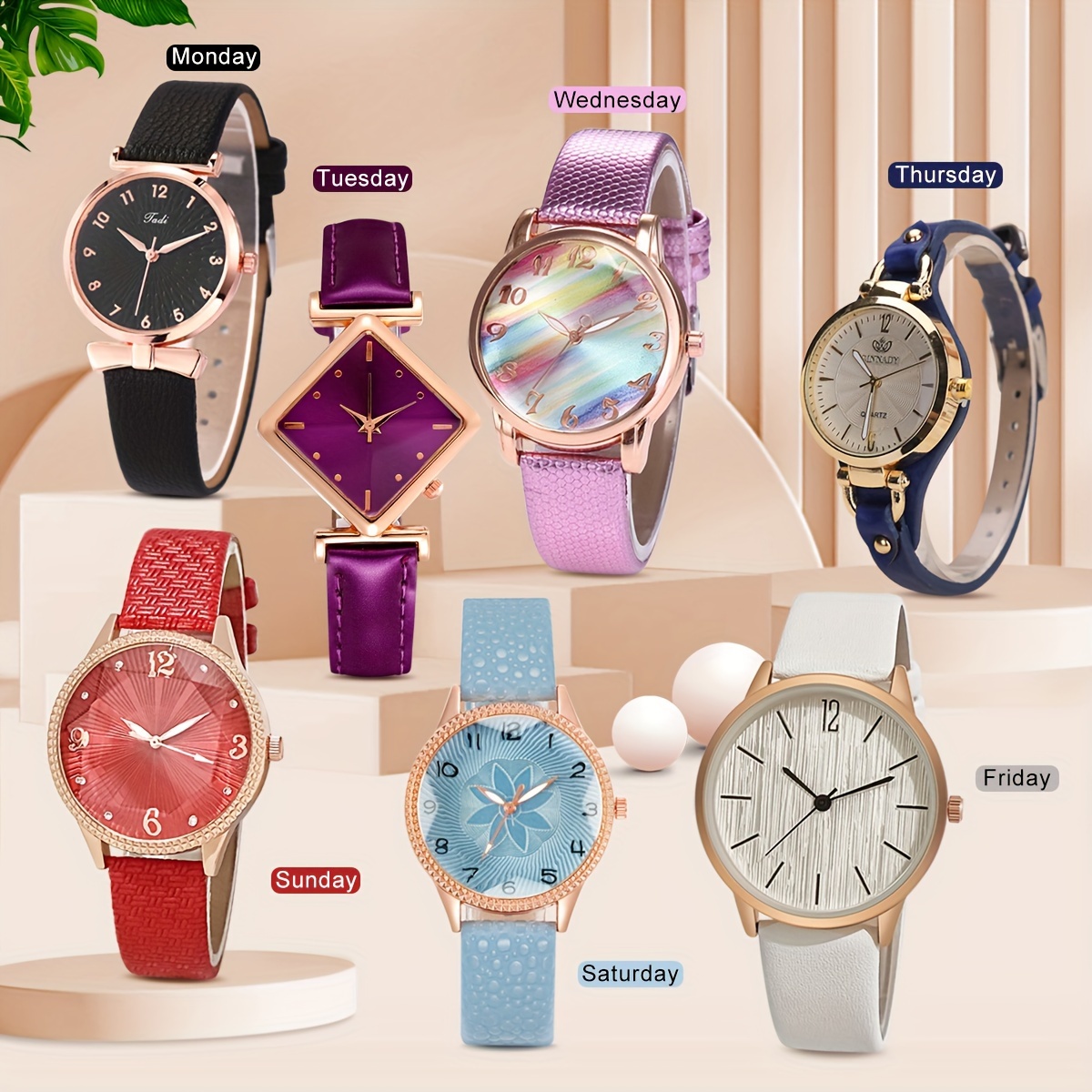 

Seven-pcs Set Of Women's Watches Quartz Women's Versatile Leather Strap Watch Combination 1 Week's Watch Set Holiday Gift