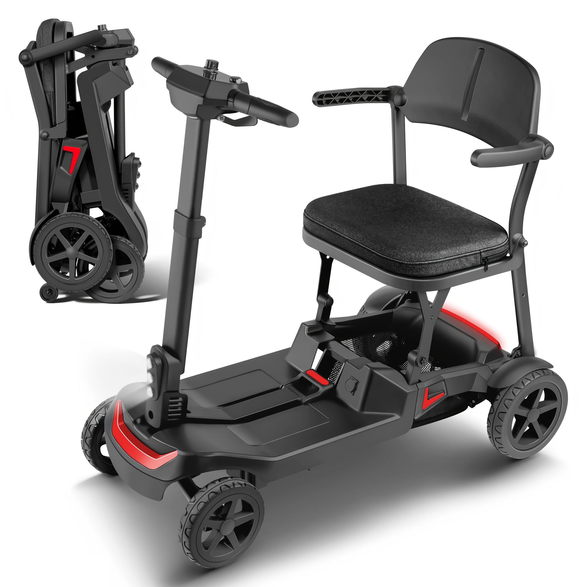 a lightweight foldable four wheeled electric mobility scooter suitable for seniors and adults   with dual removable batteries meeting air travel   offering a long range and a   of 5 mph Product details 8