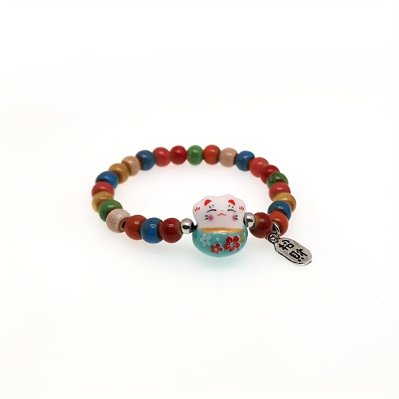 Ceramic Cat Charm Bracelet with Colorful Beads - Festive Accessory