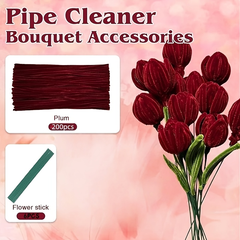 TEMU 206pcs Tiges Chenille avec Tiges de Fleurs, Tiges Chenille de Couleur Unie de 12 Pouces, Adaptées pour l'Artisanat, Fournitures Artistiques