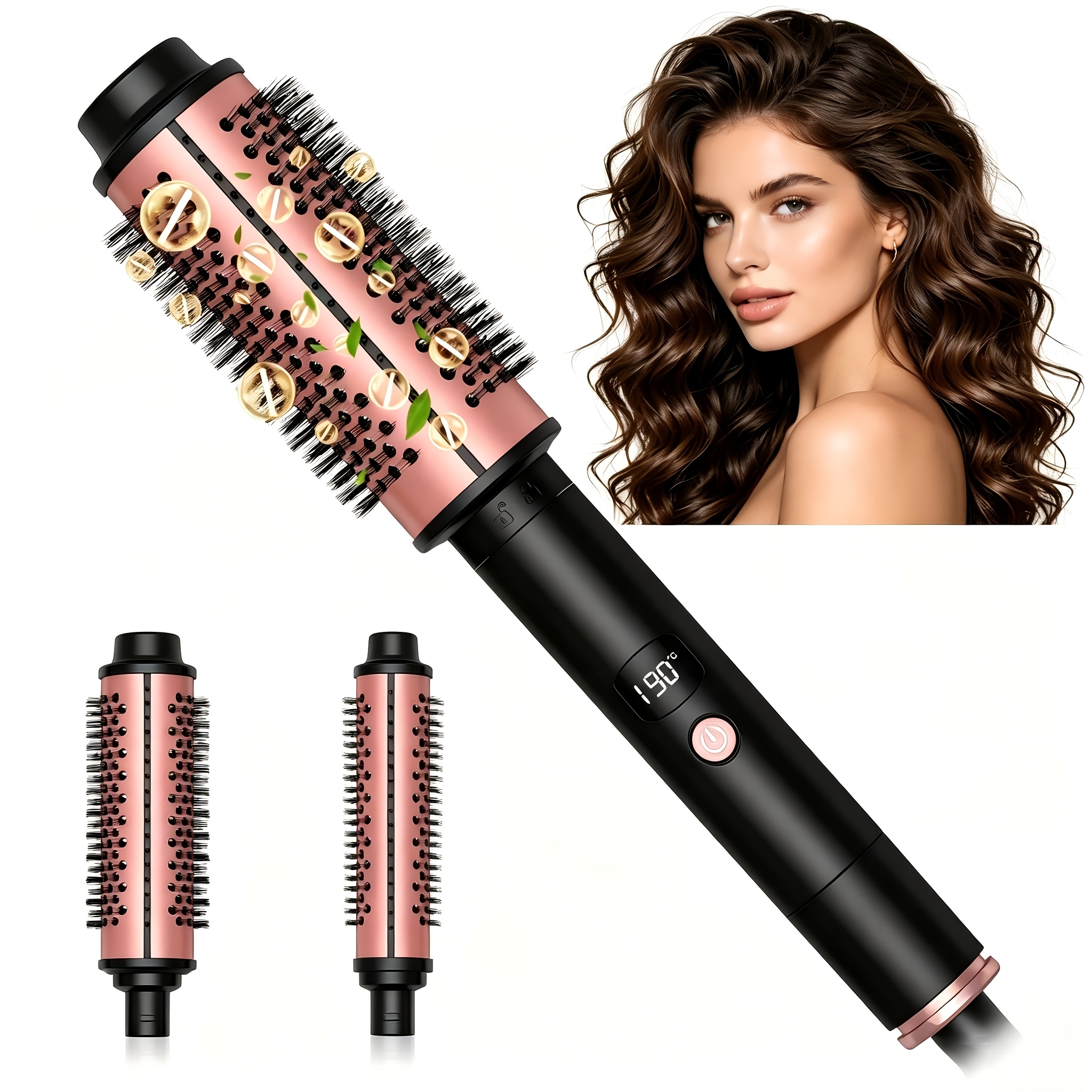 Image of 3-in-1 Thermal Brush Set, Non-blowing Heated Round Brush With Adjustable Temp, Fast Titanium Ceramic, Hair Curling Iron With Detachable Barrels