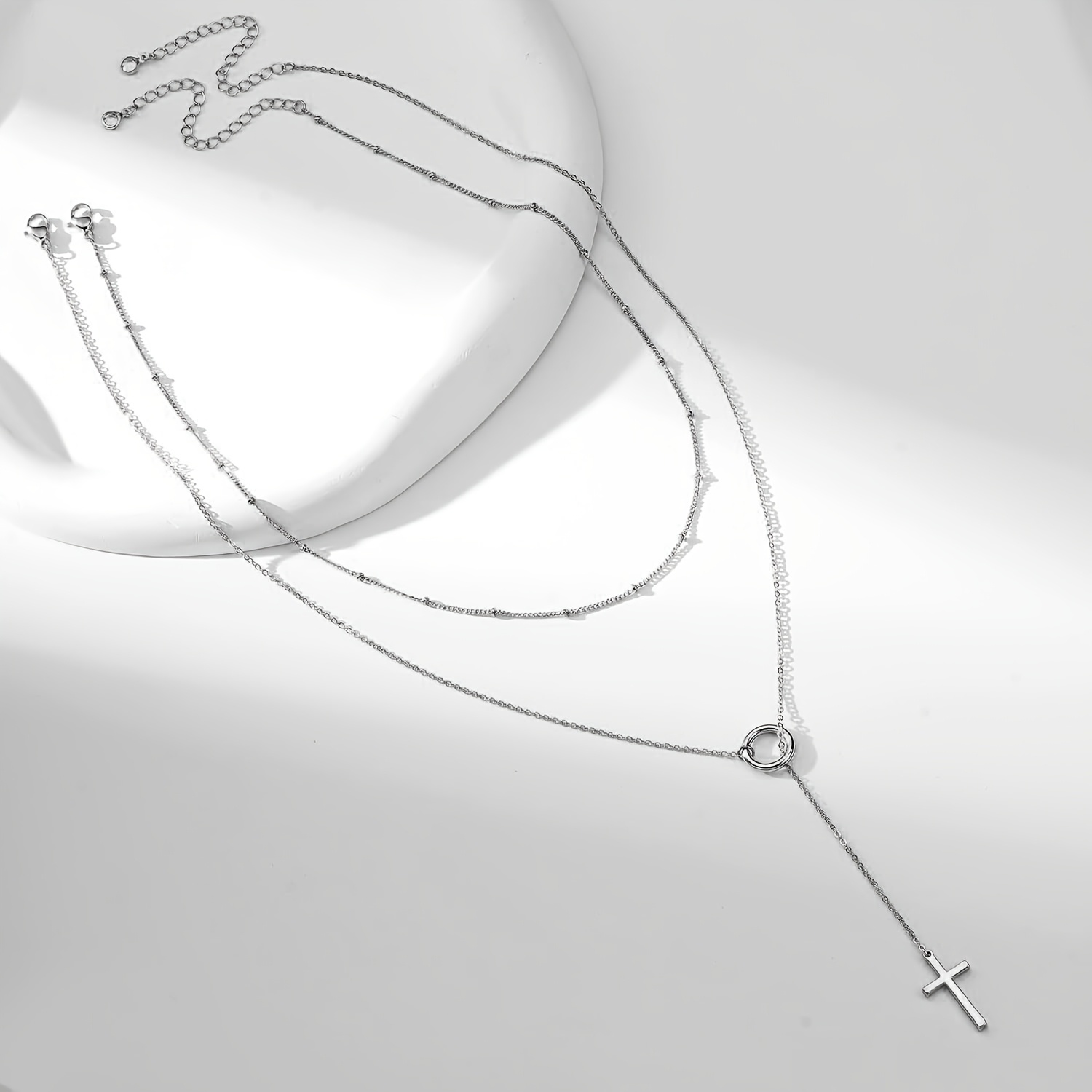 Women's Stackable Cross Double-Layer Necklace Set — Golden & Silvery Bead Chains